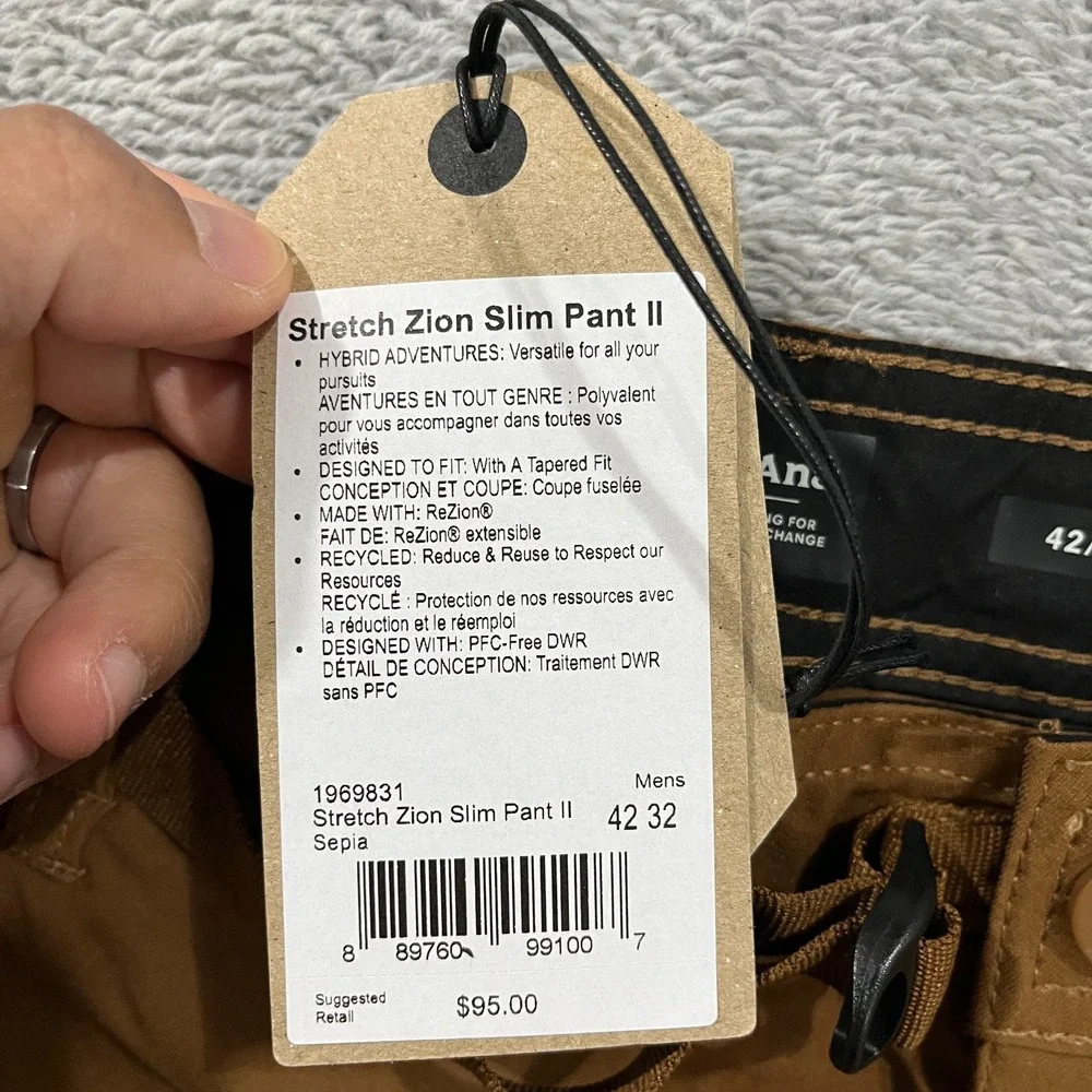 Prana Stretch Zion Slim Pant II Men 42x32 Sepia Brown Hiking Cargo Pants New NWT